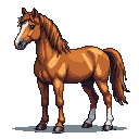 A majestic chestnut horse stands alert, facing left, with a flowing mane and tail.