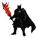 Pixel Art: Um cavaleiro todo preto com uma espada vermelha flamejante