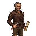 Grizzled man with salt-and-pepper beard, holding a rolled parchment and a short sword, wearing a leather jerkin and torn trousers.