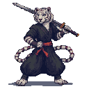 White tiger swordsman in dark samurai attire with red sash, holding a katana across shoulders.