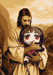 A figure resembling Jesus Christ gently holds a stylized anime character with red eyes and dark hair, set against a sepia-toned landscape of rolling hills.