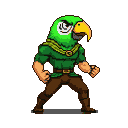 Muscular warrior with a green parrot head, wearing a green tunic, brown trousers, boots, and a golden chain, in a defensive stance against a dark background.