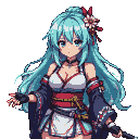 Anime character with flowing cyan hair, red flower, and ribbons, wearing a white undergarment, red obi, and patterned dark blue robe. A sheathed katana is at her side.