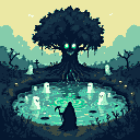 Cloaked figure with a scythe stands by a circular pool where spectral figures emerge from the shimmering water. A dark forest with silhouetted trees and misty hills forms the background, with a central gnarled tree featuring glowing green eyes.