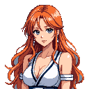 Young woman with long auburn hair, large blue eyes, and a gentle smile, wearing a white sleeveless top with dark blue trim.