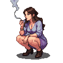 Woman in a low squat, holding a cigarette to her lips, wearing a lavender dress and dark boots.