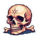 A human skull and crossbones, rendered in detailed pixel art with a diamond symbol on the forehead. The skull has hollow eye sockets, a nasal cavity, and detailed teeth. The composition is dark with muted beige and brown tones for the skull, contrasted by purple and blue shading.