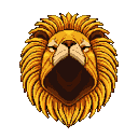 Majestic lion's head, mouth agape in a roar, with a vibrant golden-yellow and orange mane. Eyes are closed.