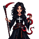 A witch with disheveled dark hair and tired eyes, wearing a tattered black tunic with a white inverted cross. She holds a red sickle in one hand, and a red snake is wrapped around her other arm.