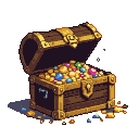 A weathered wooden treasure chest overflowing with gold coins and colorful gemstones.