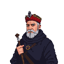 Elderly man with a stern expression, white beard, red and gold crown, dark hooded robe, and a detailed staff.