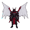 Knight in black armor with crimson sash and white wings edged in red.