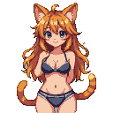 Catgirl with auburn hair and blue eyes, wearing a dark blue bikini, with perked ears and a playful tail.