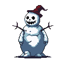 A hunched, pixelated snowman with a menacing grin, hollow dark eyes, and a tattered dark red hat. Its icy blue and white body is lumpy, with shadowy figures in the background.
