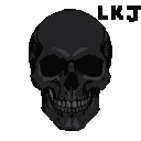 A pixelated black skull with detailed teeth against a dark background.