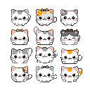 Nine mochi-style cats with grey or orange markings on white fur, large black eyes, and pink cheeks.