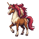 Majestic unicorn with chestnut coat, white markings, and vibrant crimson mane and tail, mid-stride with one foreleg lifted. Its spiraled horn gleams golden.