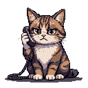 Pixel Art: The displeased cat is talking on the phone (generated with AI by Garrith Wizard).