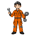 Young mechanic in an orange jumpsuit, goggles on forehead, holding a wrench and gears.