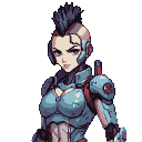 Anime cyborg woman with a blue mohawk, wearing futuristic blue and red armor.