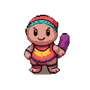 A round, light brown character with a slight smile wears a red headband with a teal stripe, a red tank top with yellow and blue stripes, and red shorts. Teal bands are on its wrists and ankles. It holds a purple object in its right hand.