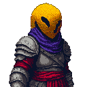 A figure from the chest up, wearing ornate, segmented metal armor with a golden helmet, a deep purple scarf, and red fabric visible beneath the armor, against a black background.