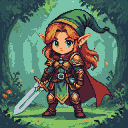 Elven paladin with red hair, green cap, golden armor, and crimson cape, holding a gleaming sword in a pixelated forest.