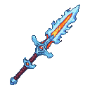 Dual-elemental sword with a flaming orange and yellow blade edged in crackling icy blue. The hilt and crossguard feature cool blue accents and small red gems.