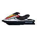 A white jet ski with red, yellow, and green stripes rests on a dark, reflective surface.