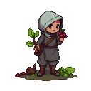 A cloaked and hooded figure in muted grays, holding vibrant red berries and leafy branches, stands in an earthy terrain.