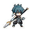 Young warrior with spiky teal hair, dark ninja-like attire, white sash, and blue accents, holding a sword in their left hand and a golden orb-topped staff in their right.