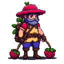 Stout, bearded character with a red berry hat and a backpack full of foliage, holding tools near oversized strawberries.