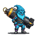 Blue-skinned gnome with pointed hat, wearing a blue and purple jumpsuit with metallic plating, holds a large, detailed atomic bomb with glowing orange elements.