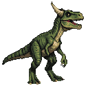 A green theropod dinosaur with a sharp horn above its eye, its mouth open to reveal teeth, stands in a predatory pose.