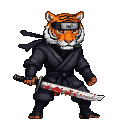 Ninja with a tiger head and a blood-soaked katana, in a dark, menacing stance.