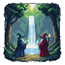 Pixel Art: Two wizards in a Forest infront of a waterfall