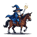 Elderly wizard with long white beard, wearing a blue robe and pointed hat, riding a brown horse and holding a glowing staff aloft.