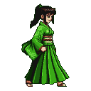 Pixel Art: girl fighter character in green kimono and skirt side view