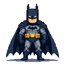 Batman in a classic pose, cowl casting shadow over determined gaze, cape billowing slightly, against a transparent background.