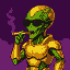 Green-skinned alien with gold armor and sunglasses, holding a cigar with purple smoke.