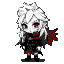 Chibi vampire Scarlet in a battle stance, with voluminous white hair, glowing crimson eyes, and tiny fangs. She wears a charcoal leather tunic with silver buckles and a tattered scarlet cape. Neon violet backlighting creates a sharp silhouette.