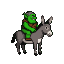 A green troll in a brown tunic grins widely while riding a grey donkey with perked ears.