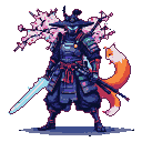 Futuristic samurai with glowing blue energy katana stands beside a spectral orange fox spirit, surrounded by falling neon cherry blossoms.