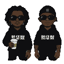 Two stylized Black characters with dreadlocks and durag, wearing sunglasses and hoodies with white lettering, stand side-by-side. Both have tattooed arms.