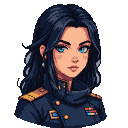 Dark-haired woman with piercing blue eyes and a stern yet alluring expression, wearing a dark military-style jacket with gold epaulets and insignia.