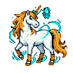 White unicorn with fiery orange mane and tail, crackling with electric blue energy tendrils and a luminous orb above its head.