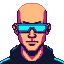 Stern, bald man with a stoic expression wearing futuristic, wraparound cyan glasses and a dark, high-collared garment with electric blue trim.