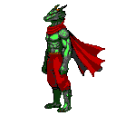 Pixel Art: side-view, 2D animation style tall dragon-man warrior, green...