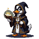 Anthropomorphic duck cleric in a black cassock with gold trim and white collar, holding an open, glowing sacred bible.
