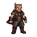 Stern warrior with pointed ears, rugged beard, and crimson cape, wearing layered dark blue and brown armor.